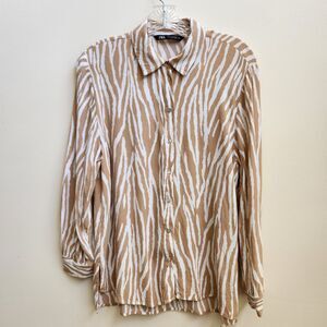 Zara Top Women's L Beige White Abstract 3/4 Sleeve Button Career Office Neutral